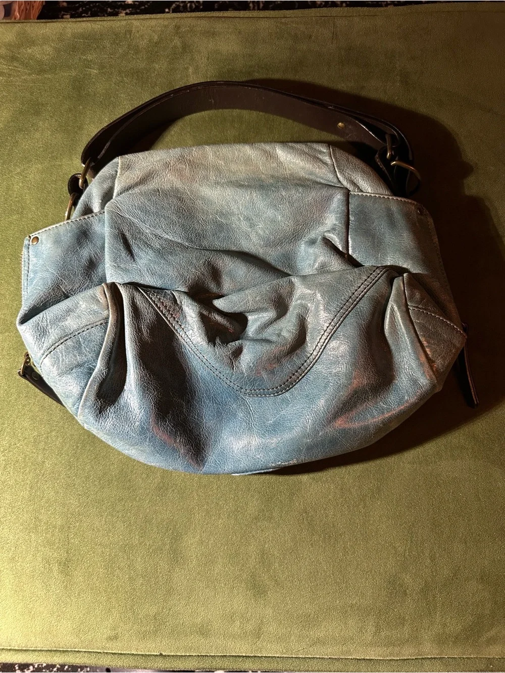 Washed Blue Leather Shoulder Bag with Brown Trim